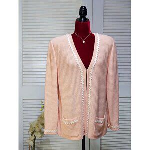 St. John Collection Women's Peach & Cream Textured Cardigan Sweater Sz 14 2459